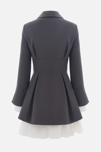 Long Sleeve Button Up Colorblock Pleated Blazer Mini Dresses-Grey-Hayhty.All Rights Reserved.