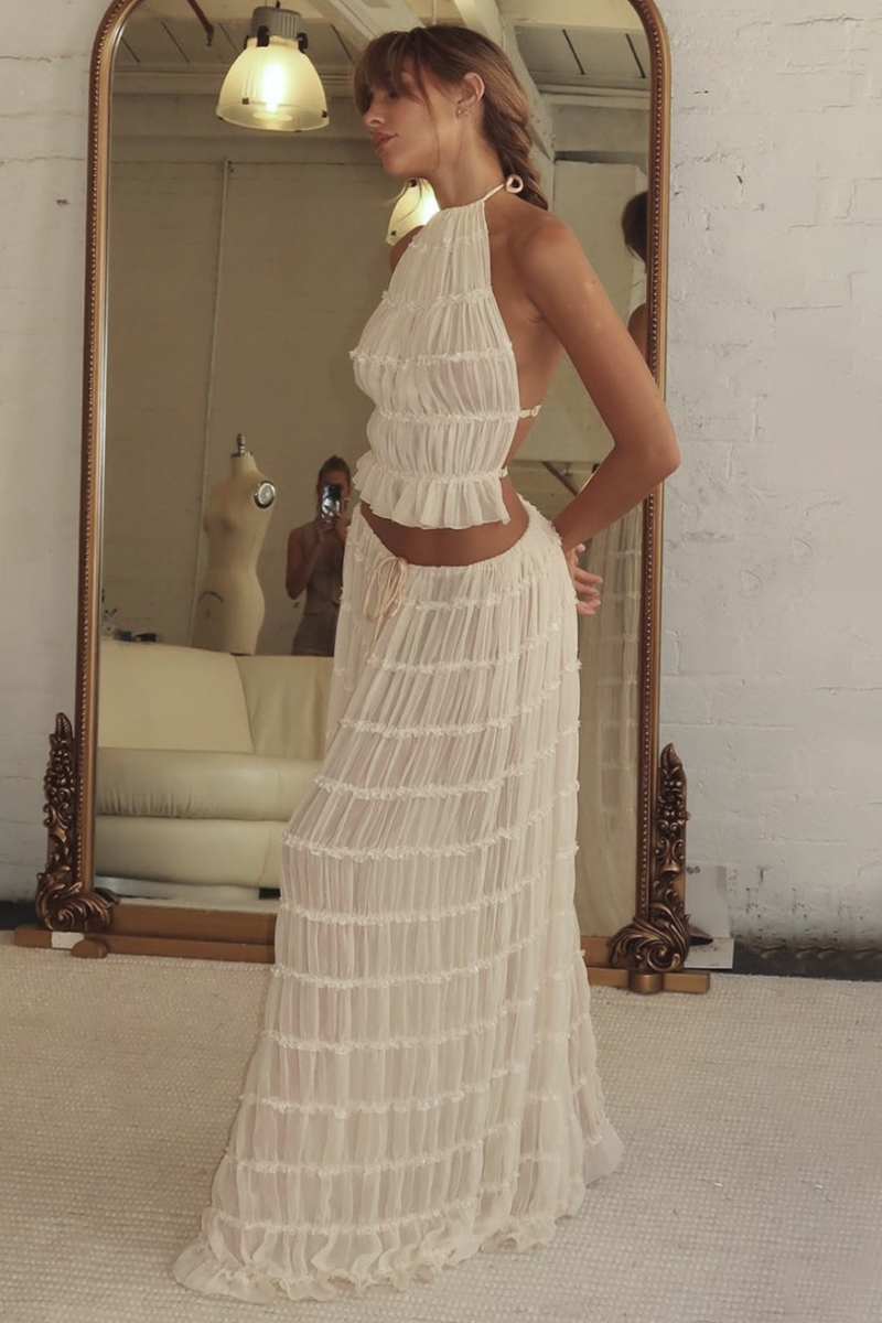 Solid Color Pleated Halter Backless Crop Top Ruffled Trim Maxi Skirt Matching Set-White-Hayhty.All Rights Reserved.