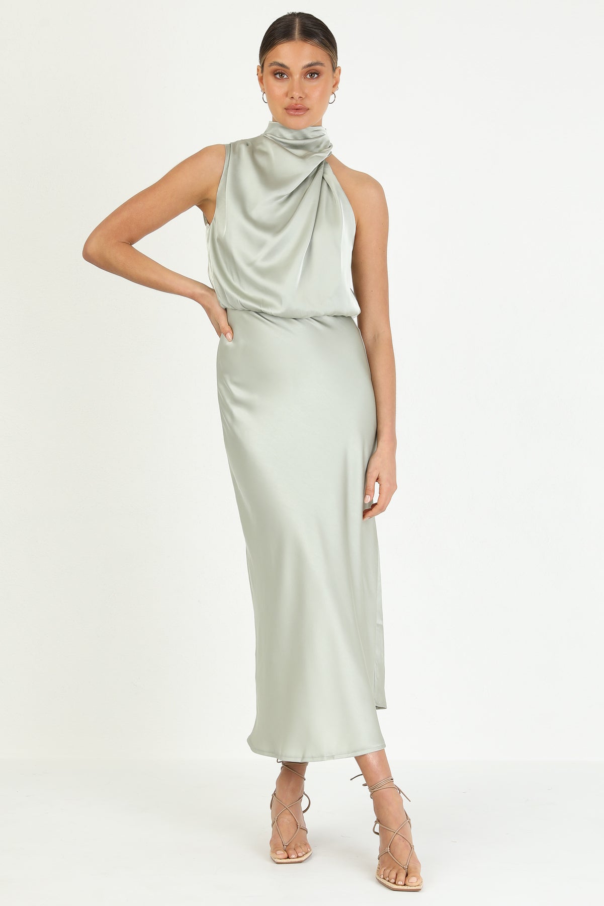 Turtleneck Sleeveless Satin Midi Dresses-Hayhty.All Rights Reserved.