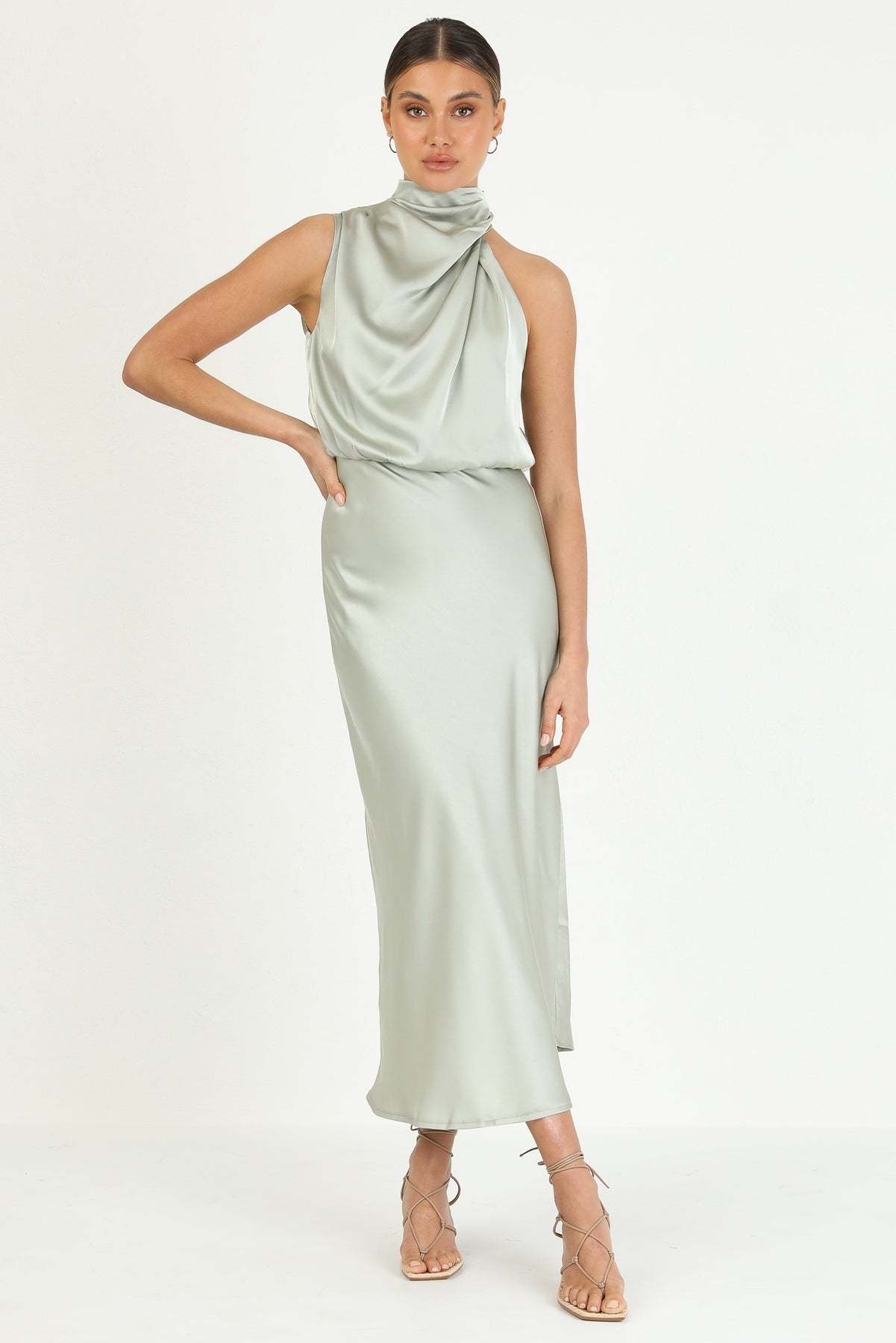 Turtleneck Sleeveless Satin Midi Dresses-Hayhty.All Rights Reserved.