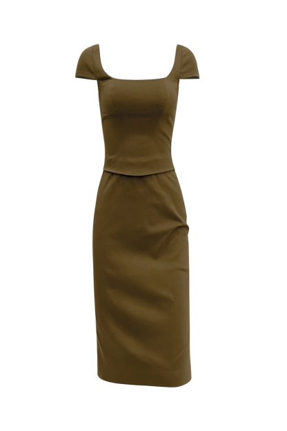 Square Neck Short Sleeve Bodycon Solid Color Midi Dresses-Green-Hayhty.All Rights Reserved.