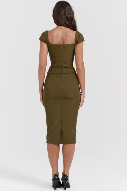 Square Neck Short Sleeve Bodycon Solid Color Midi Dresses-Green-Hayhty.All Rights Reserved.