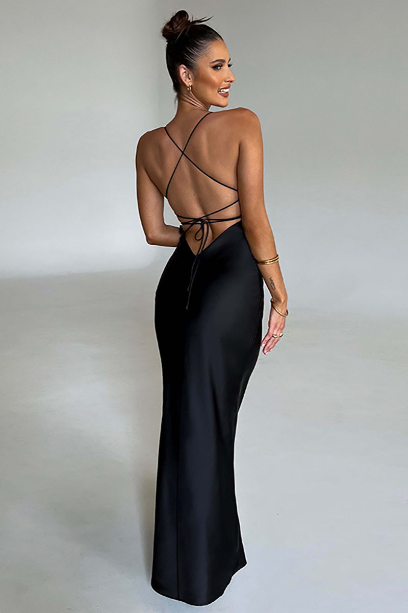 Lace Up Backless Satin Spaghetti Strap Evening Party Maxi Dresses-Hayhty.All Rights Reserved.