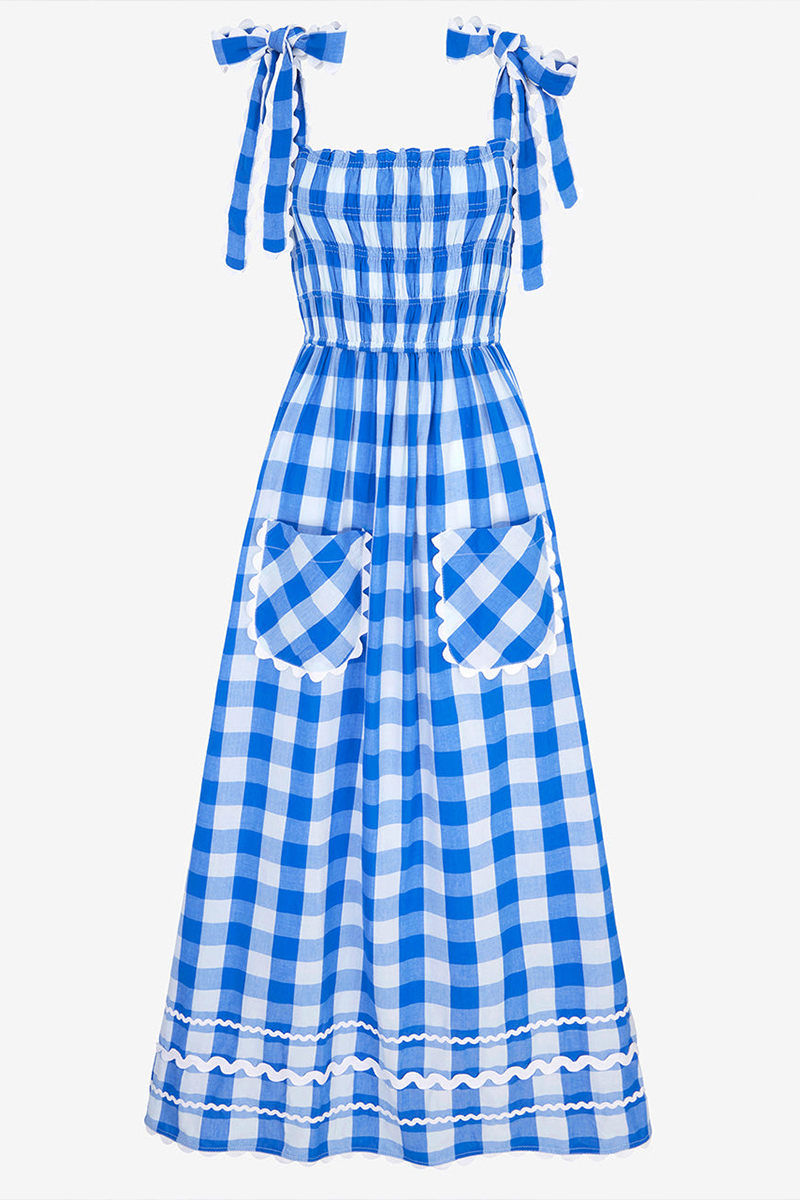Plaid Pattern Tie Up Wide Straps Pocket A-Line Maxi Dresses-Blue-Hayhty.All Rights Reserved.