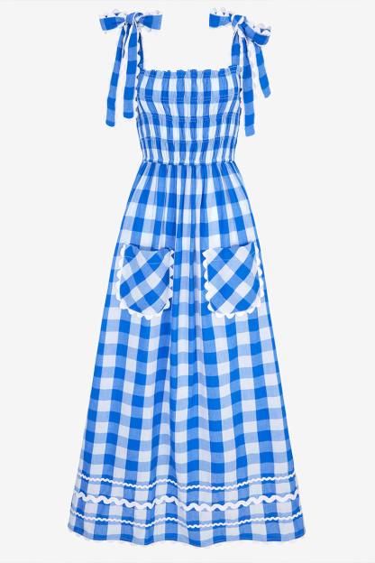 Plaid Pattern Tie Up Wide Straps Pocket A-Line Maxi Dresses-Blue-Hayhty.All Rights Reserved.