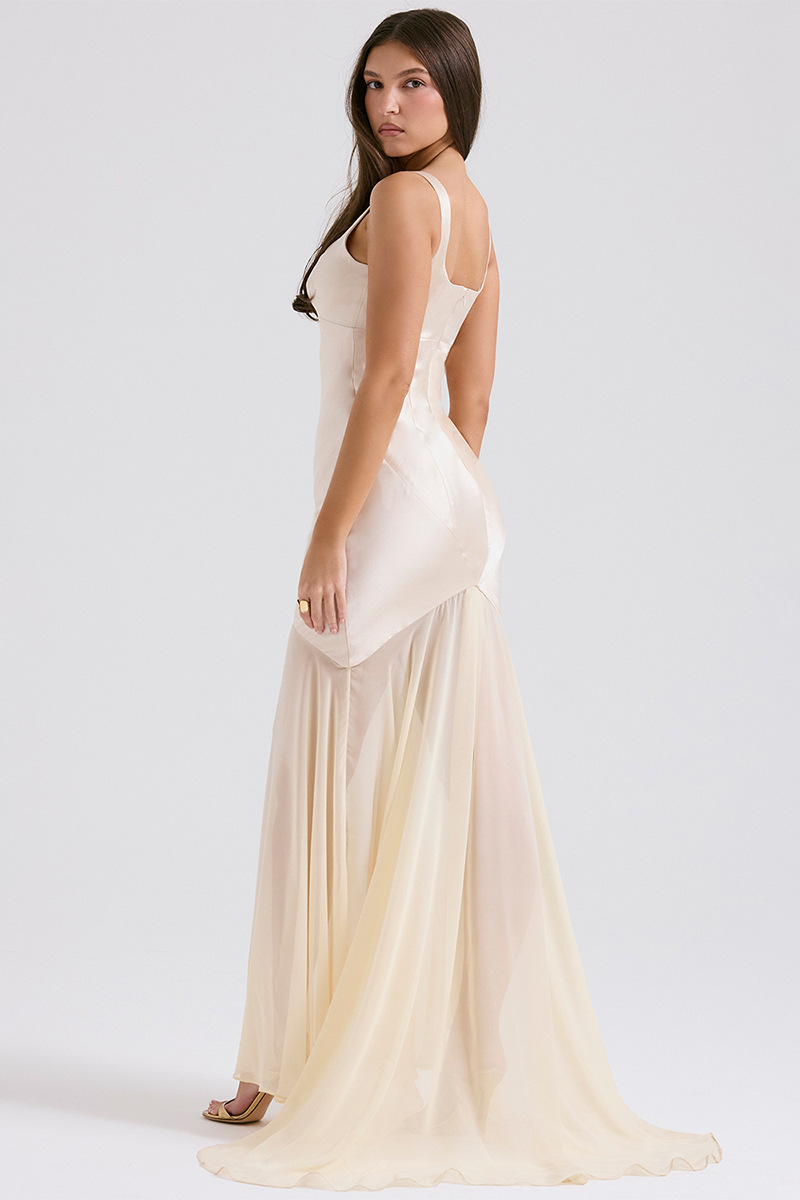 Square Neck Satin Patchwork Bodycon Fishtail Hem Gowns Slip Maxi Dresses-Blue-Hayhty.All Rights Reserved.
