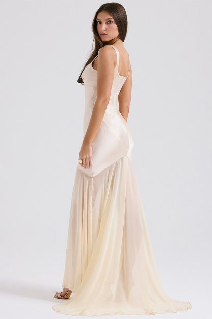 Square Neck Satin Patchwork Bodycon Fishtail Hem Gowns Slip Maxi Dresses-Blue-Hayhty.All Rights Reserved.