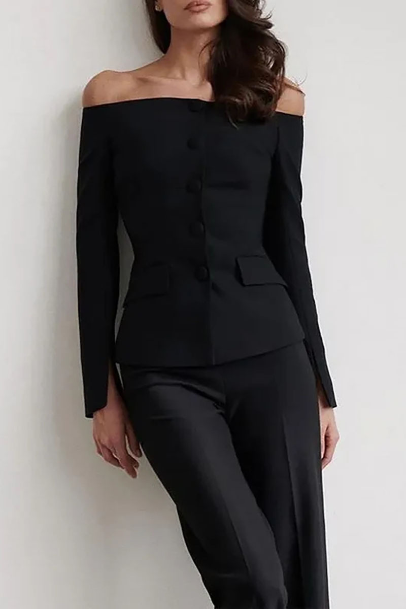 Off Shoulder Long Sleeve Button Up Top Straight Leg Pants Matching Set-Black-Hayhty.All Rights Reserved.