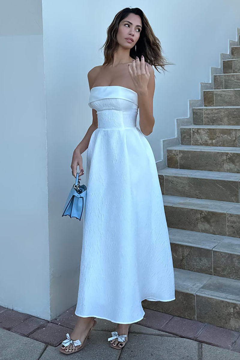 Strapless Cinch Waist Textured Elegant Gowns Maxi Dresses-White-Hayhty.All Rights Reserved.