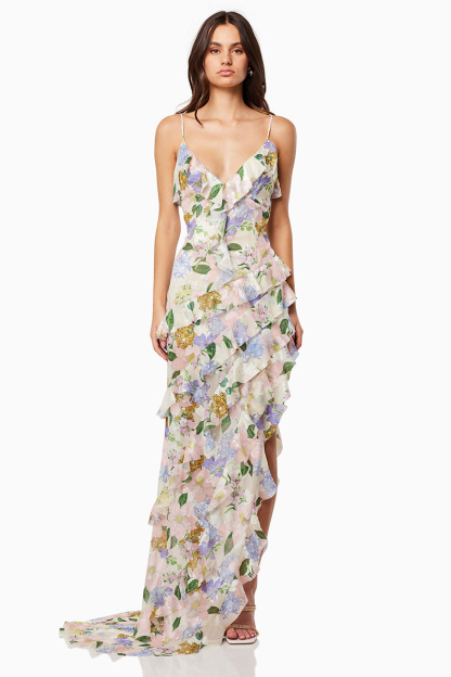 Floral Print Ruffled V Neck High Slit Tiered Maxi Dresses-Pink-Hayhty.All Rights Reserved.