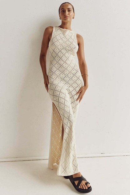 Hollow Out Boat Neck Sleeveless Knitted Bodycon High Slit Cover Up White Maxi Dresses-Hayhty.All Rights Reserved.