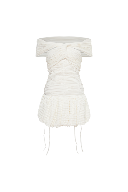 Off Shoulder Ruched Cinch Waist Tie Up Mini Dresses-White-Hayhty.All Rights Reserved.