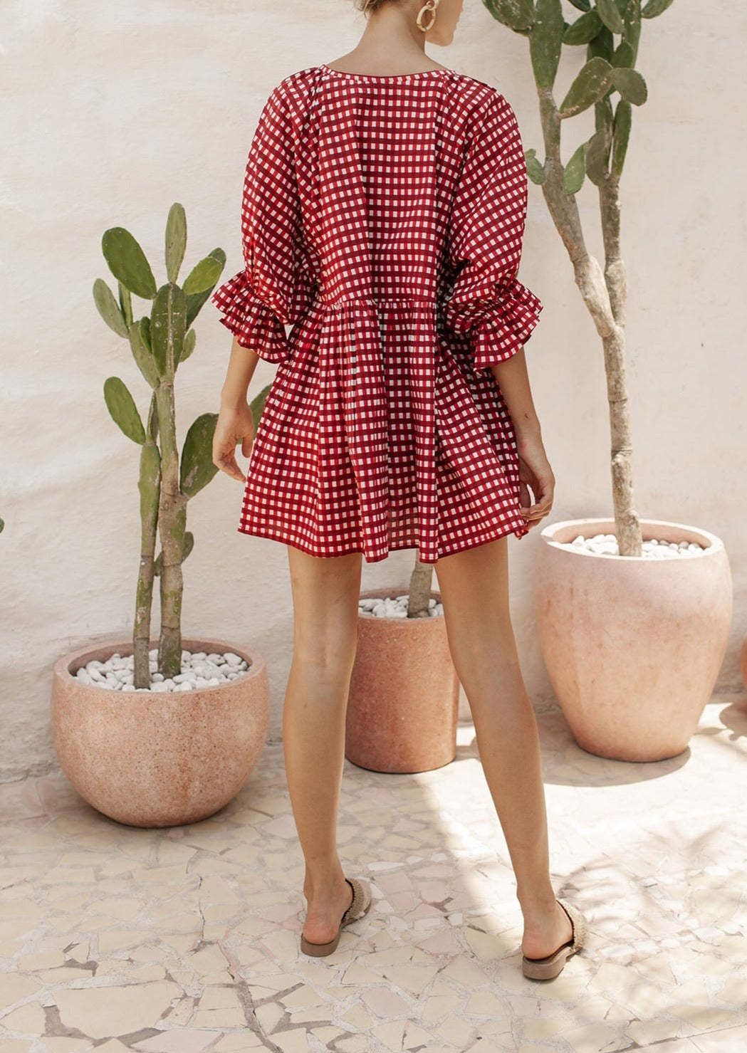 Round Neck Half Sleeve Plaid Mini Dress - Red-Hayhty.All Rights Reserved.