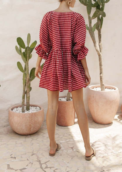 Round Neck Half Sleeve Plaid Mini Dress - Red-Hayhty.All Rights Reserved.