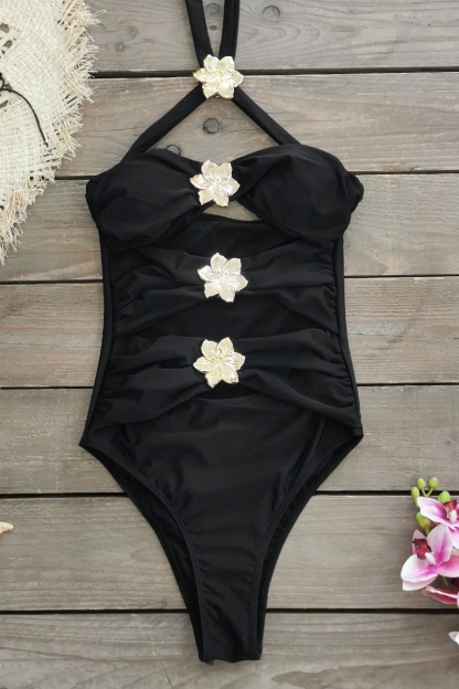 Metal Flower Decor Hollow Out One-Piece Swimsuit Mini Skirt Bikini Set-Black-Hayhty.All Rights Reserved.