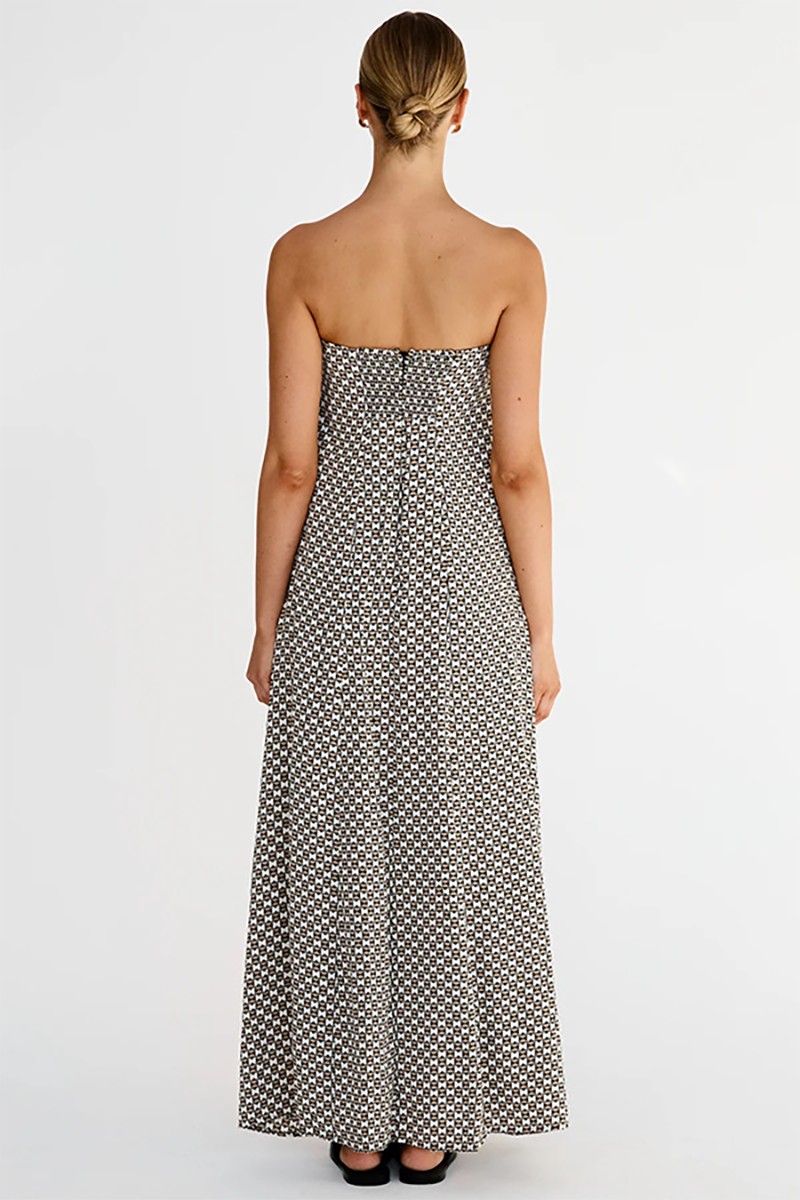 Geometric Pattern Boat Neck Loose Fit A-Line Strapless Maxi Dresses-Black-Hayhty.All Rights Reserved.