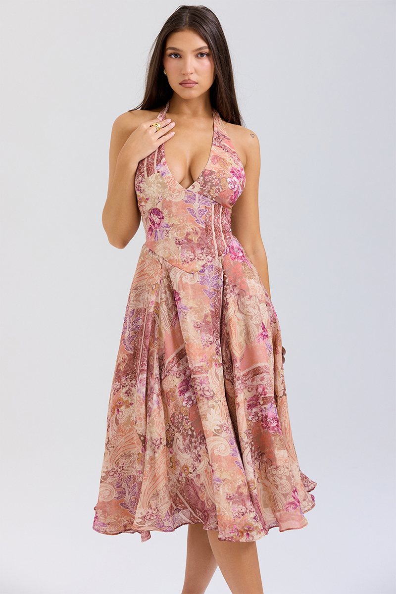 Floral Paisley Mixed Print Cinch Waist Halter Midi Dresses-Purple-Hayhty.All Rights Reserved.