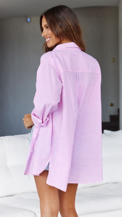 Relaxed Fit Button Up Shirt Set-Pink/Blue Stripe-Hayhty.All Rights Reserved.