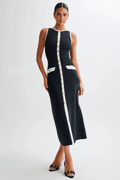 Colorblock Trim Round Neck Slim Fit Button Up Knit Midi Tank Dresses-Black-Hayhty.All Rights Reserved.