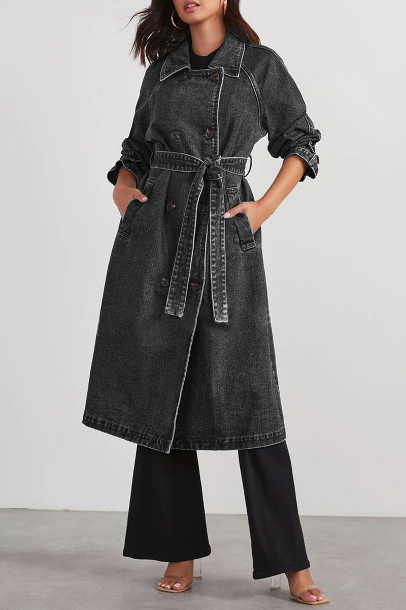 Turndown Collar Long Sleeve Double-Breasted Tie Up Denim Trench Coat-Blue-Hayhty.All Rights Reserved.