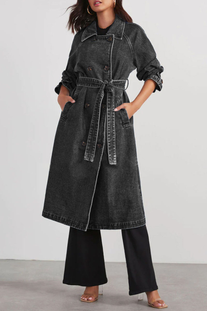 Turndown Collar Long Sleeve Double-Breasted Tie Up Denim Trench Coat-Blue-Hayhty.All Rights Reserved.