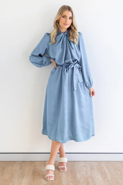 Ruched Knotted Long Sleeve Satin Midi Dresses-Hayhty.All Rights Reserved.