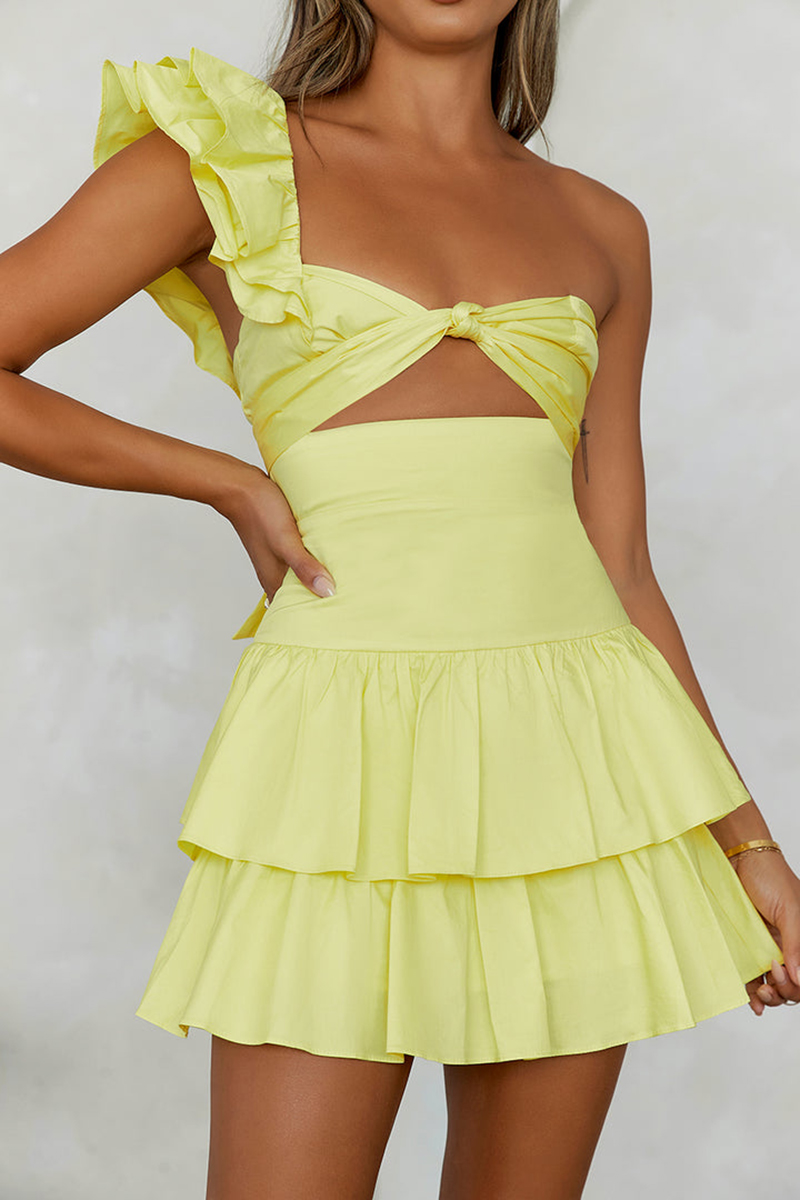 One Shoulder Straps Cutout A-Line Layered Flounced Mini Dresses-Yellow-Hayhty.All Rights Reserved.