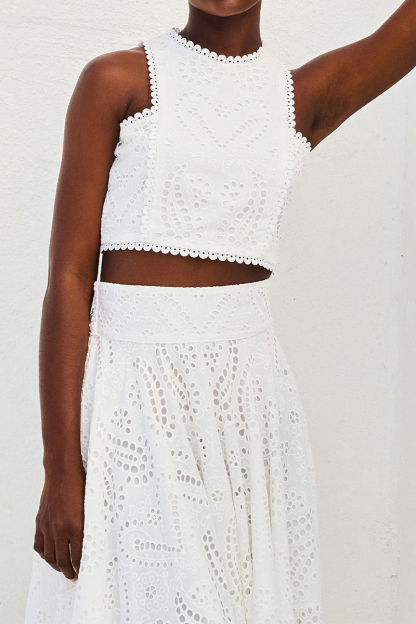 Hollow Out Pattern Sleeveless Crop Top High Waist Maxi Skirt Matching Set-Blue-Hayhty.All Rights Reserved.
