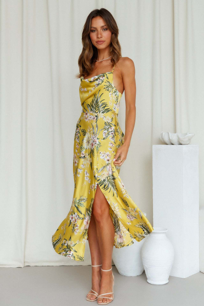 Vacation Cami Boat Neck Floral Print Slit Satin Vacation Midi Dress-Hayhty.All Rights Reserved.