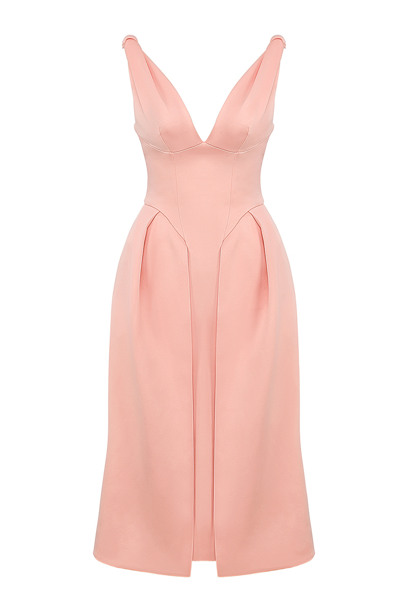 Deep V Neck Cinch Waist Satin Midi Tank Dresses-Pink-Hayhty.All Rights Reserved.