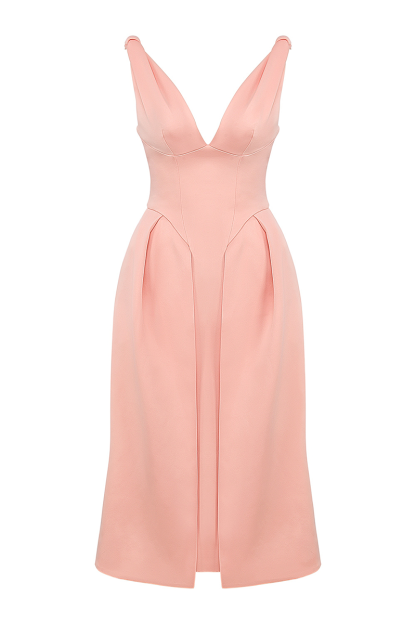 Deep V Neck Cinch Waist Satin Midi Tank Dresses-Pink-Hayhty.All Rights Reserved.