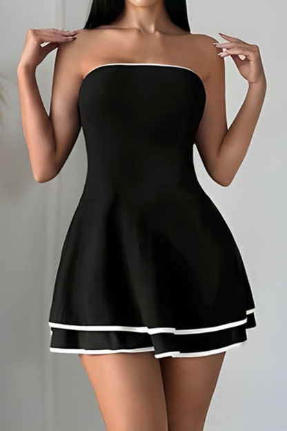 Strapless Colorblock Trim Layered Hem Elegant Mini Dresses-Black-Hayhty.All Rights Reserved.