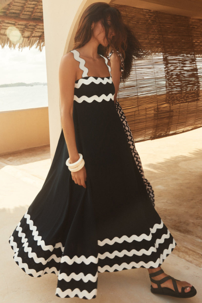 Colorblock Ripple Trim Vacation Slip Maxi Dresses-Black-Hayhty.All Rights Reserved.