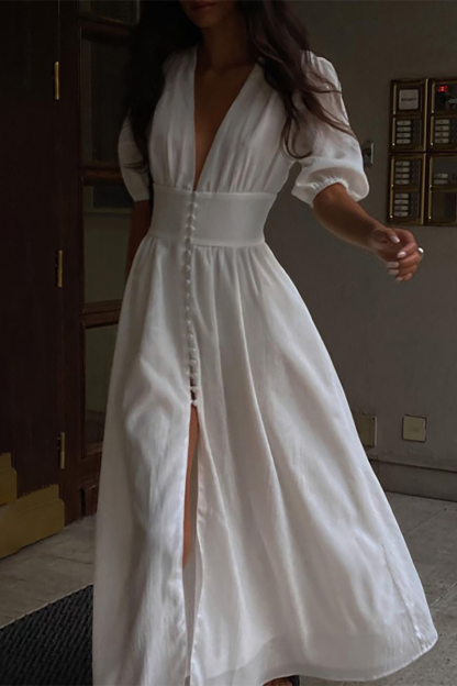 V Neck Puff Sleeve Cinch Waist Slit Hem Maxi Dresses-White-Hayhty.All Rights Reserved.