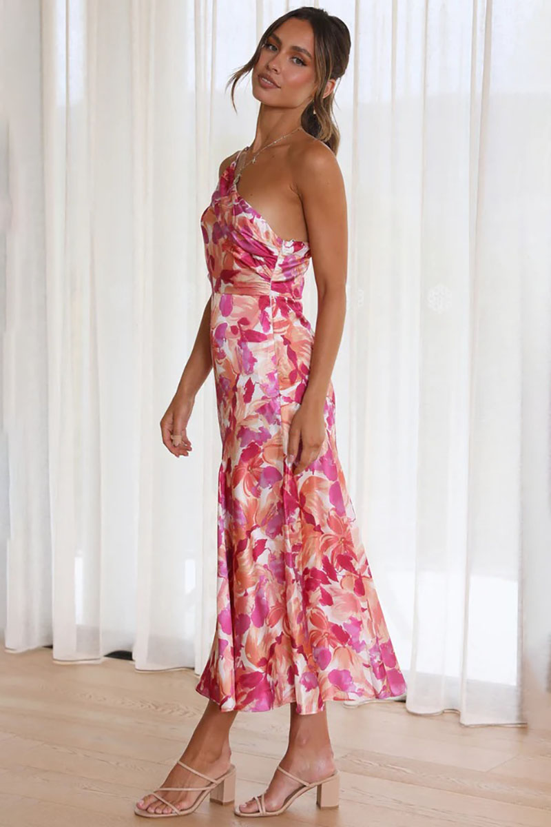 Floral Print One Shoulder Asymmetric Midi Dresses-Hayhty.All Rights Reserved.