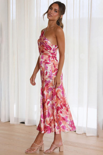 Floral Print One Shoulder Asymmetric Midi Dresses-Hayhty.All Rights Reserved.