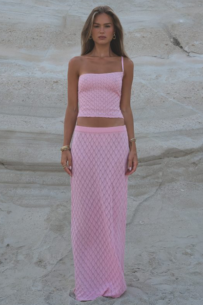 Knit Plaid Pattern One-Shoulder Strap Crop Top Vacation Maxi Skirt Matching Set-Pink-Hayhty.All Rights Reserved.