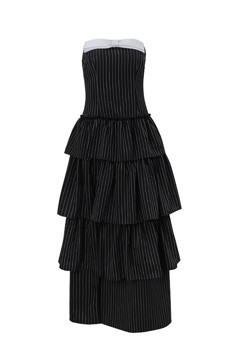 Bow Decor Strapless Striped Print Tiered Hem High Slit Maxi Dresses-Black-Hayhty.All Rights Reserved.