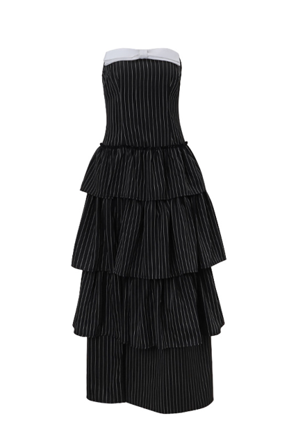 Bow Decor Strapless Striped Print Tiered Hem High Slit Maxi Dresses-Black-Hayhty.All Rights Reserved.