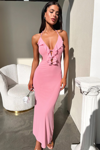 Ruffled Bodycon Open Back Halter Maxi Dresses-White-Hayhty.All Rights Reserved.