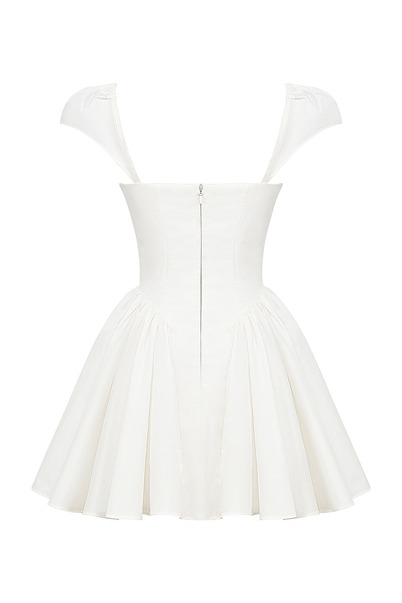 Irregular V Neck Short Sleeve Corset Pleated Mini Dresses-White-Hayhty.All Rights Reserved.