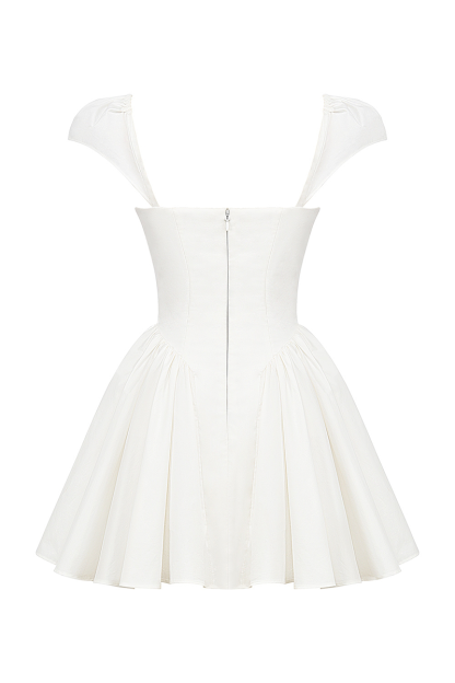 Irregular V Neck Short Sleeve Corset Pleated Mini Dresses-White-Hayhty.All Rights Reserved.