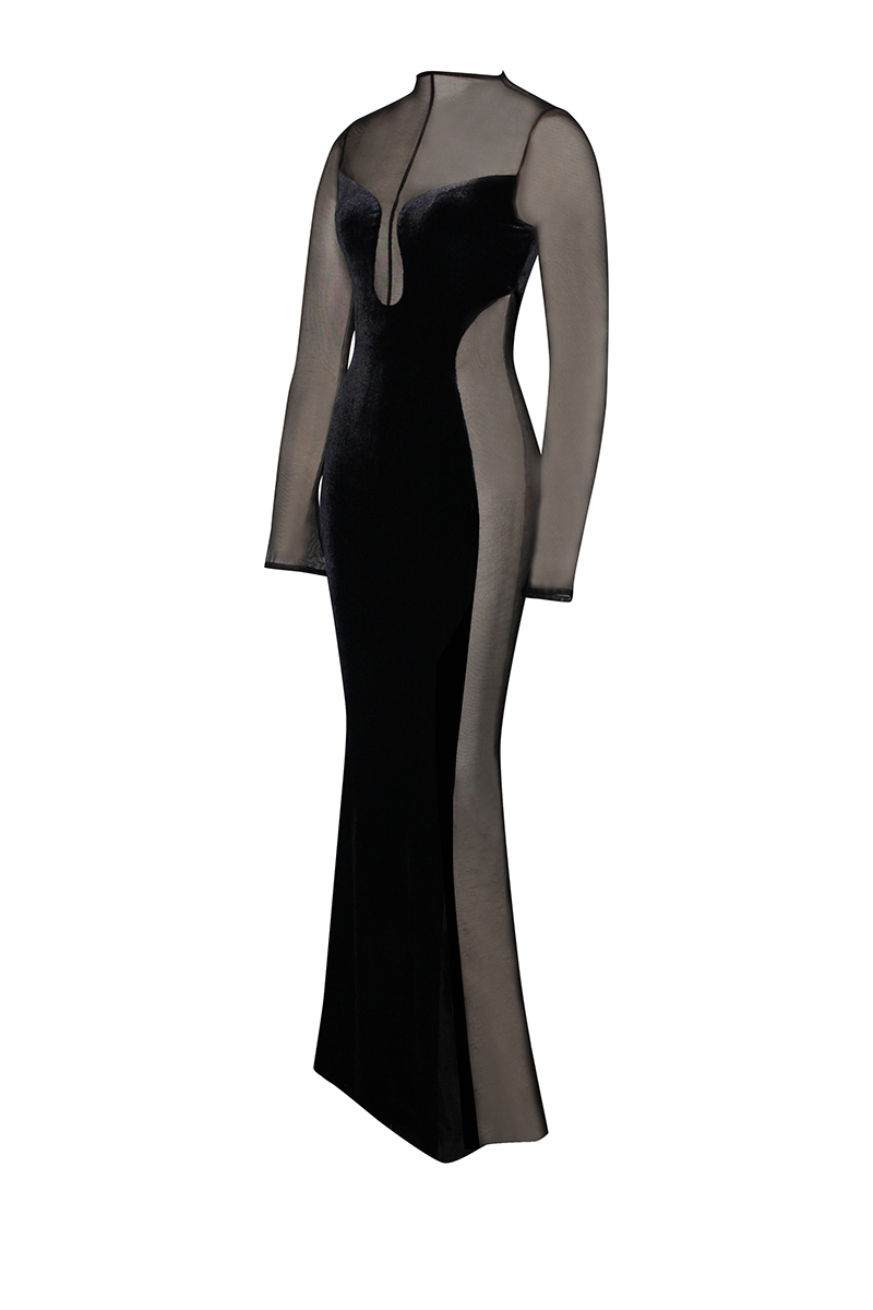 Velvet Mesh Patchwork Long Sleeve Gown Maxi Dresses-Hayhty.All Rights Reserved.