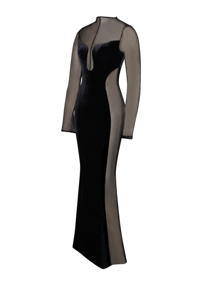 Velvet Mesh Patchwork Long Sleeve Gown Maxi Dresses-Hayhty.All Rights Reserved.