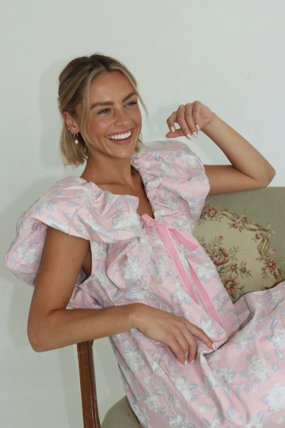 Floral Print V Neck Puffy Sleeve Tie-Up Ribbon A-Line Mini Dresses-Pink-Hayhty.All Rights Reserved.