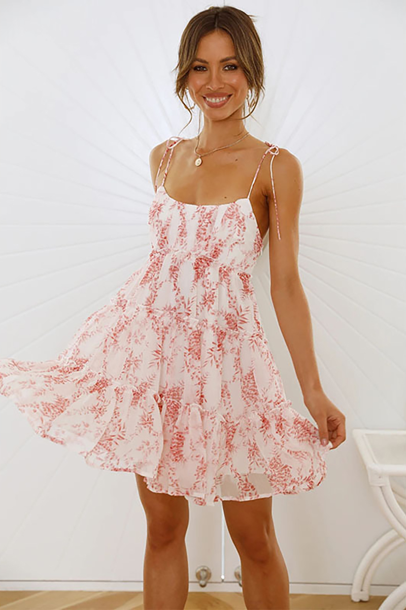 Floral Print Tied Up Cami Boat Neck Tiered Ruffle Backless Flowy Vacation Mini Dresses-Hayhty.All Rights Reserved.