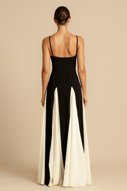 Colorblock Patchwork A-Line Flowy Slip Maxi Dresses-Black-Hayhty.All Rights Reserved.