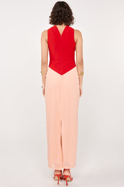 Colorblock Ruched Cutout Slim Fit Sleeveless Maxi Dresses-Red-Hayhty.All Rights Reserved.