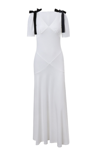 Colorblock Bow Juliet Sleeve Deep V Neck Cinch Waist Maxi Dresses-White-Hayhty.All Rights Reserved.