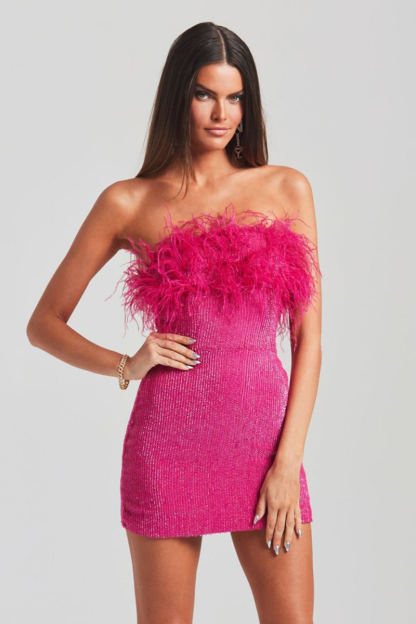 Sequin Strapless Feather Trim Bodycon Mini Party Dresses-Hayhty.All Rights Reserved.